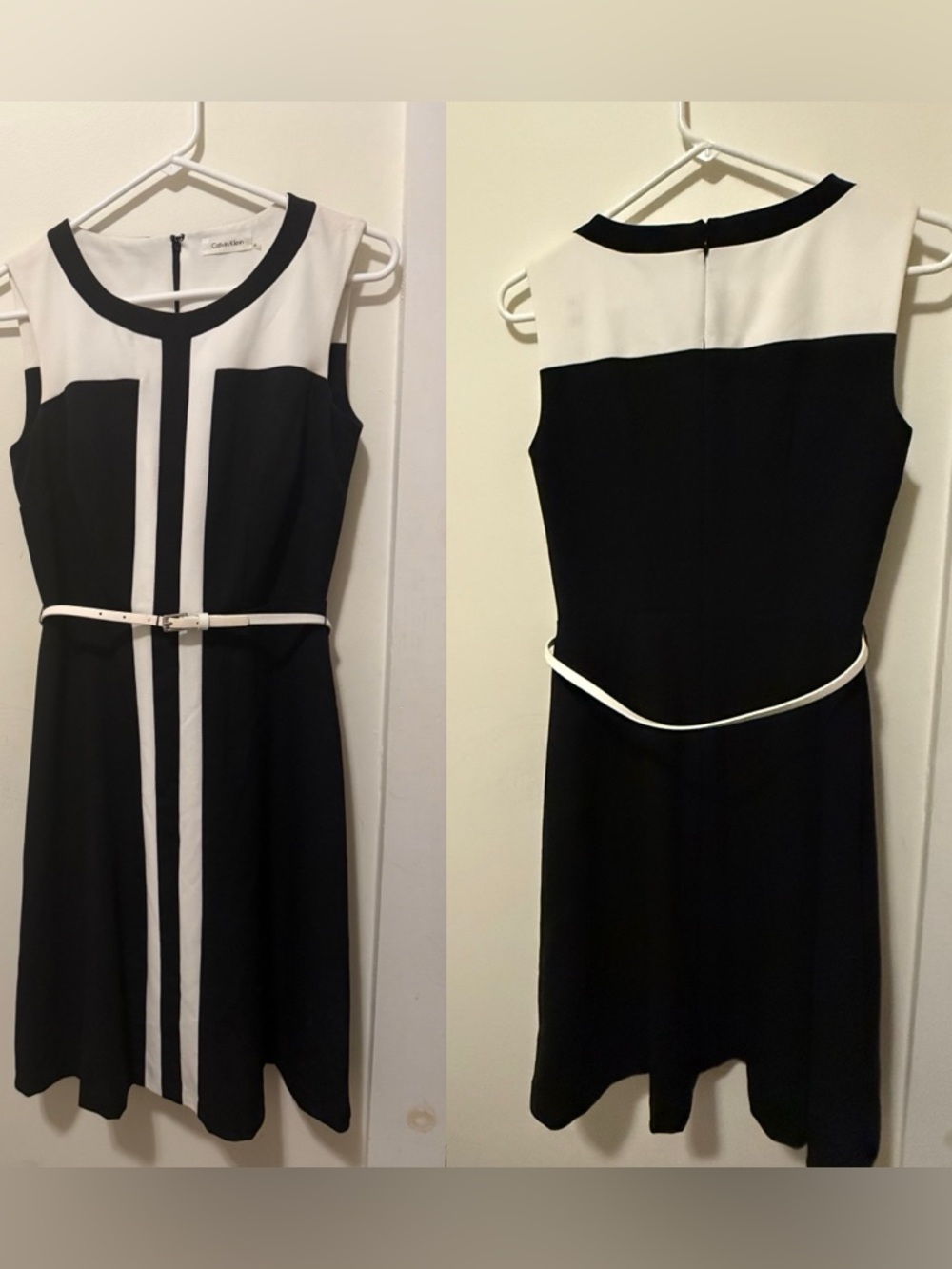 Calvin Klein Black and White Sleeveless Contrast Belted Mini Dress